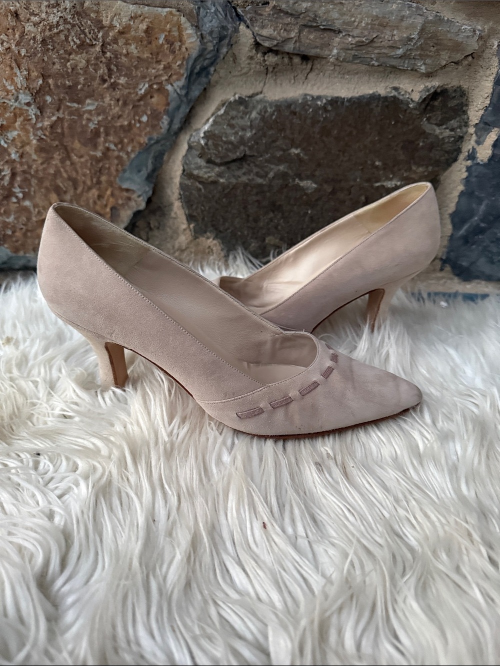 Manolo Blahnik Vintage Woven Ribbon Trim Pointed Suede Heels in Beige Size 38